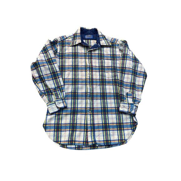Pendleton Blue White 100% Virgin Wool Plaid Print Button Down Shirt Size Medium - Picture 1 of 5